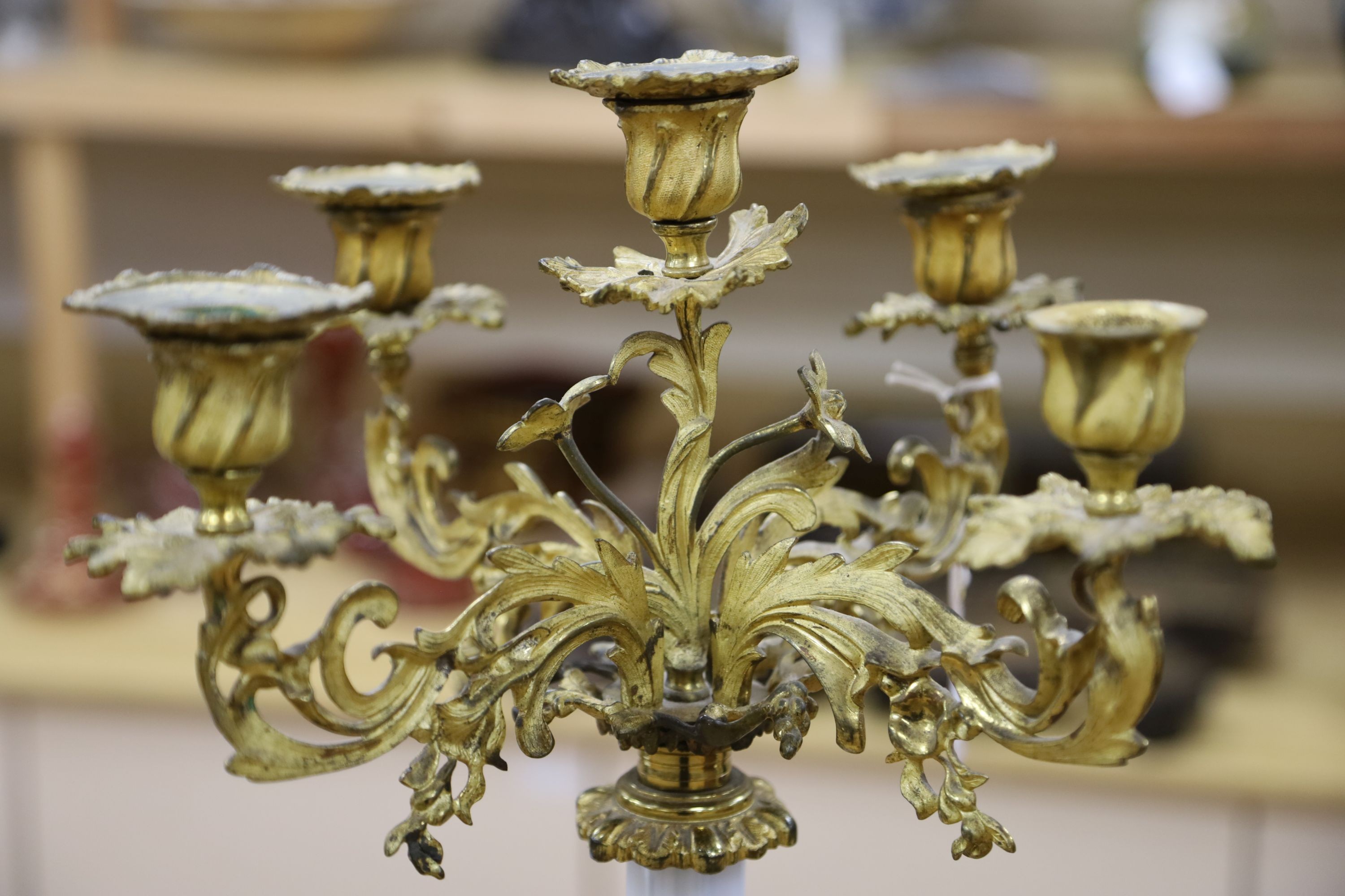 A 19th century ormolu and opaline glass five light candelabrum 63cm